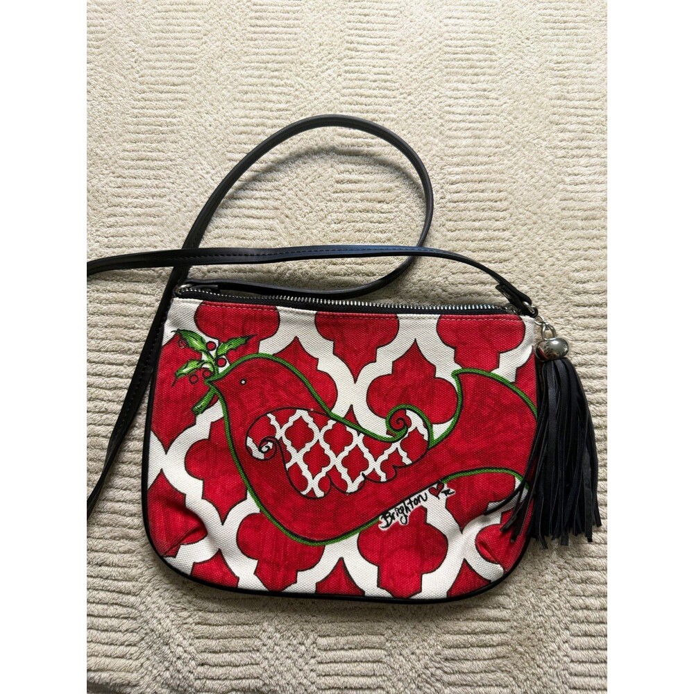 Brighton Red/White Geometric Bird Crossbody Bag Zip Tassel Charm Black Strap